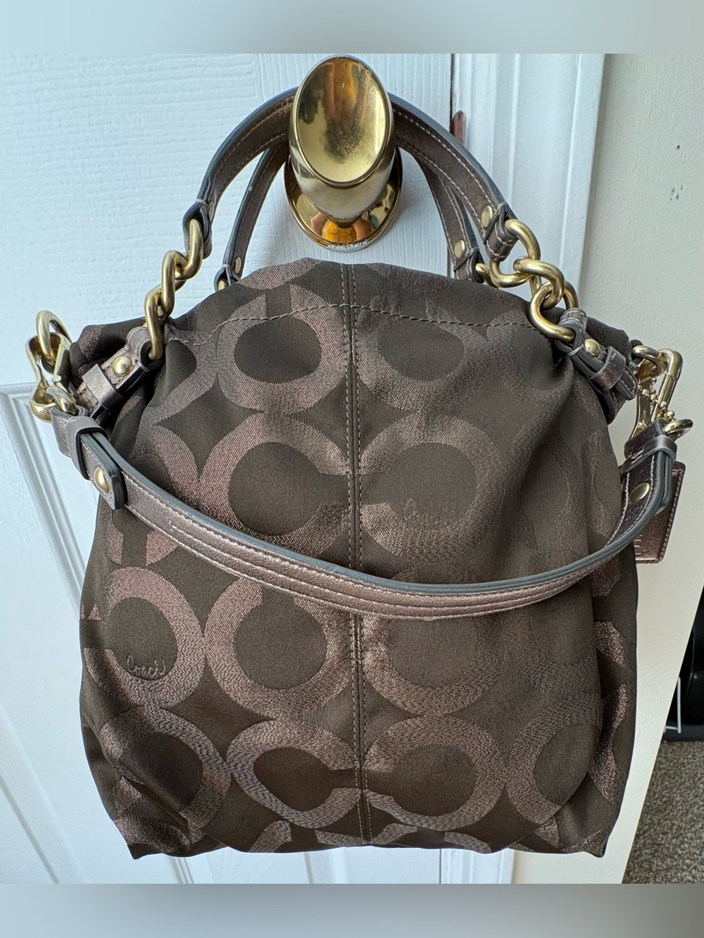 Coach Chocolate Brown Signature Canvas Shoulder Bag with Gold Hardware